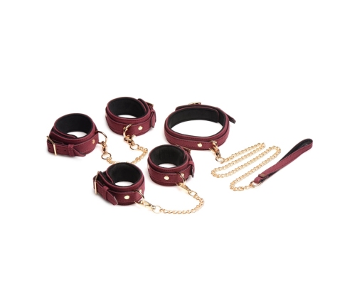 6-Piece Velvet Burgundy Bondage Set with Cuffs, Collar and Belt