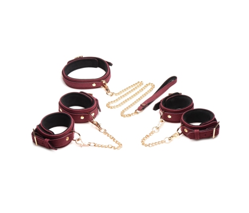 6-Piece Velvet Burgundy Bondage Set with Cuffs, Collar and Belt