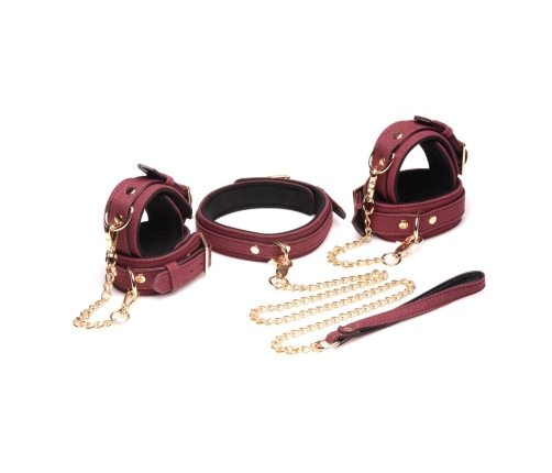 6-Piece Velvet Burgundy Bondage Set with Cuffs, Collar and Belt
