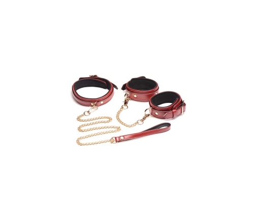 6-Piece Burgundy Bondage Set with Cuffs, Collar and Belt