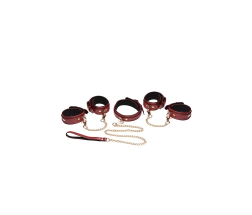 6-Piece Burgundy Bondage Set with Cuffs, Collar and Belt
