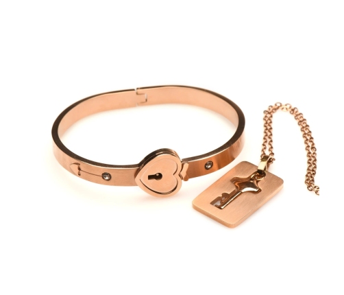 Cuffed Locking Bracelet and Key Necklace - Rose Gold