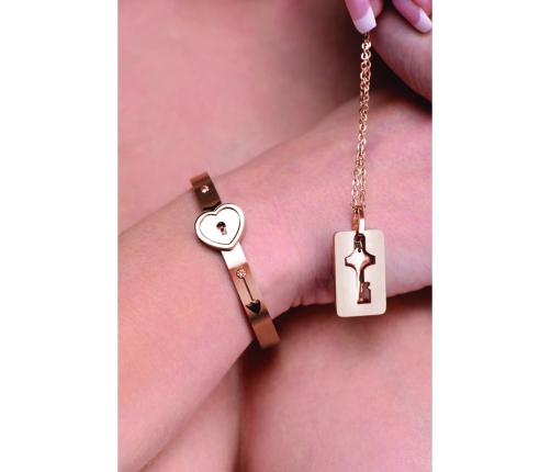 Cuffed Locking Bracelet and Key Necklace - Rose Gold