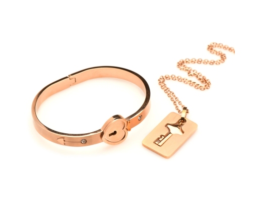 Cuffed Locking Bracelet and Key Necklace - Rose Gold