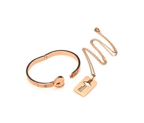 Cuffed Locking Bracelet and Key Necklace - Rose Gold