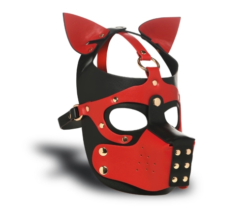 Master Series Vegan Leather Canine Hood with Removable Muzzle Black/Red