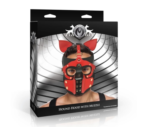 Master Series Vegan Leather Canine Hood with Removable Muzzle Black/Red