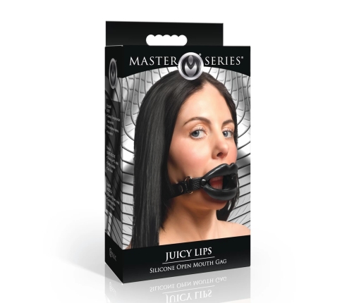 XR Brands Labios Jugosos Silicone Open Mouth Gag Black Adjustable Strap
