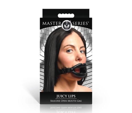 XR Brands Labios Jugosos Silicone Open Mouth Gag Black Adjustable Strap