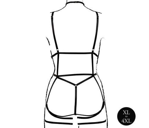 Rimba Plus Size Black Strappy Open Cup Body Harness with Garters XL-4XL