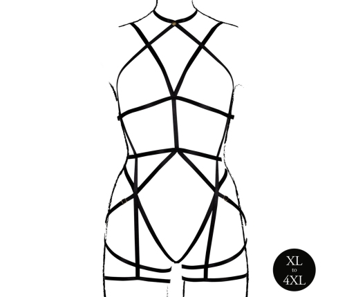 Rimba Plus Size Black Strappy Open Cup Body Harness with Garters XL-4XL