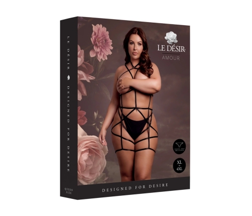 Rimba Plus Size Black Strappy Open Cup Body Harness with Garters XL-4XL