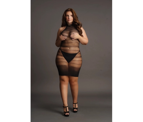 High Lace Neck Net Mini Dress - Plus Size