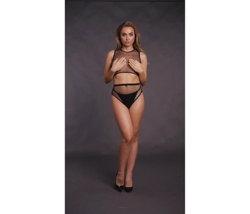 2 Pc Crop Top - Pantie and Fishnet Structure - OS - Black