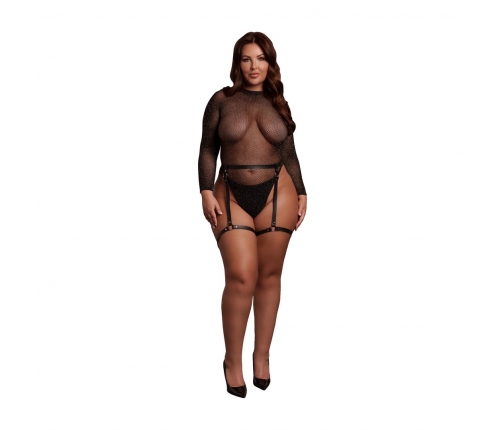 Leg Avenue Bodysuit Plus Size Black/Gold Glitter Open Back PU Garters