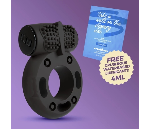 Crushious Booster Black Ring with Vibrating Bullet, Adjustable Size