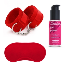 Me Lo Como Red Velcro Restraint Set with Blindfold & Strawberry Gel 50ml