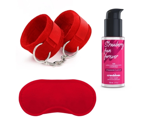 Me Lo Como Red Velcro Restraint Set with Blindfold & Strawberry Gel 50ml