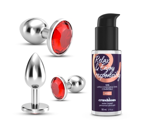 Crushious Bijou Anal Plug Set 3 Sizes Red Jewel Stainless Steel Trio