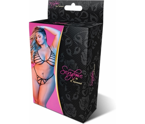 Bra and G-String Set with Straps - 2X - Black