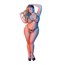 Bra and G-String Set with Straps - 2X - Black