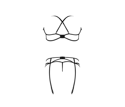 Bra, Garter and G-String Set with Rings and Straps - S/M - Black