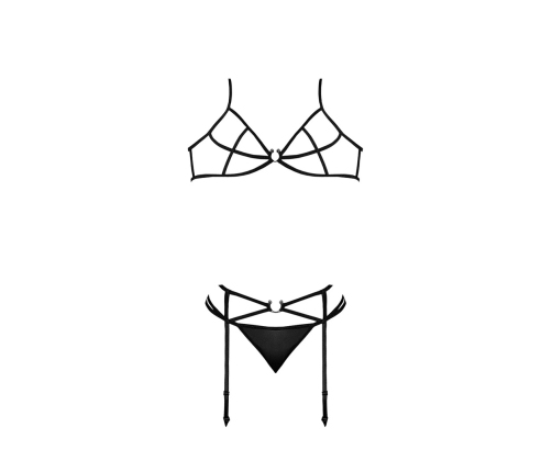 Bra, Garter and G-String Set with Rings and Straps - S/M - Black
