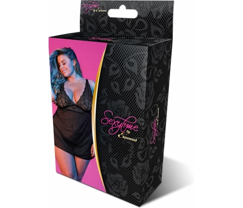 Babydoll with Open Back and G-String Set - 2X - Black
