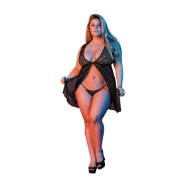 Babydoll with Open Back and G-String Set - 2X - Black