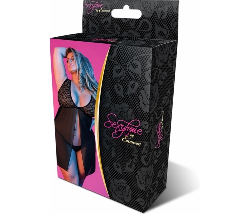 Babydoll with Open Back and G-String Set - 2X - Black