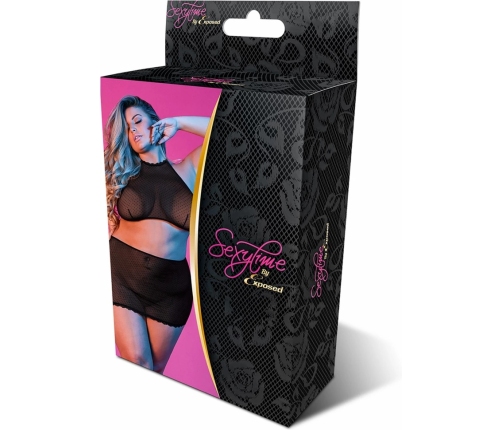 Polka Dot Mesh Halter and Skirt Set - 2X - Black