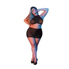 Polka Dot Mesh Halter and Skirt Set - 2X - Black