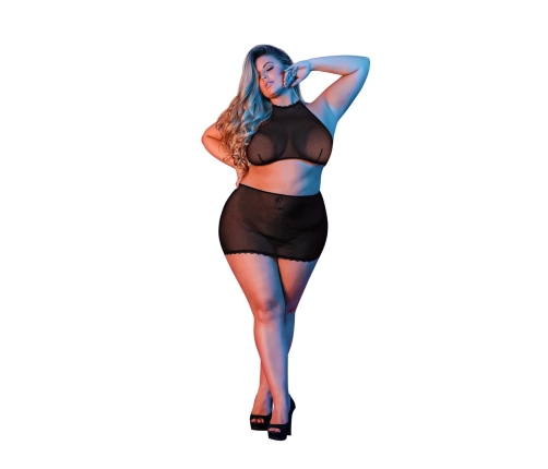 Polka Dot Mesh Halter and Skirt Set - 2X - Black