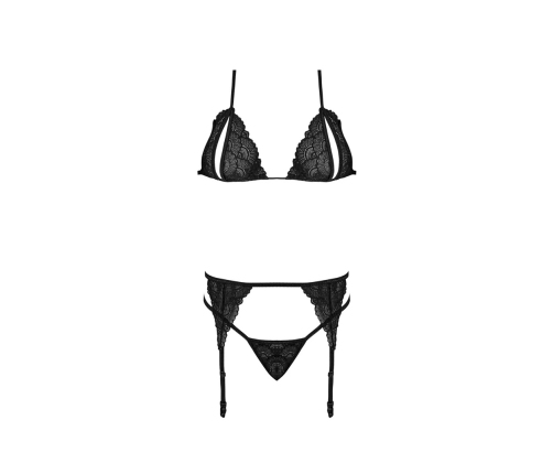 Peek-a-Boo Bra, Garter and G-String Set - L/XL - Black