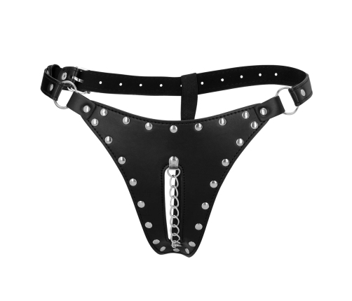 OUCH! Xtreme PU Leather Chastity Thong with Adjustable Chains Black