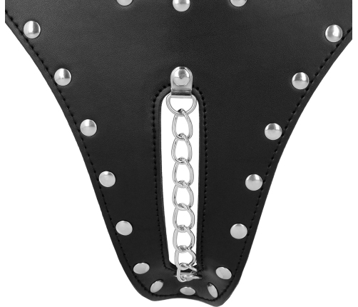 OUCH! Xtreme PU Leather Chastity Thong with Adjustable Chains Black