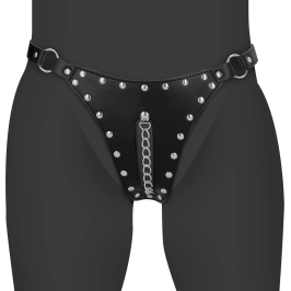 OUCH! Xtreme PU Leather Chastity Thong with Adjustable Chains Black