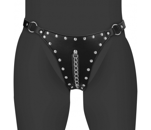 OUCH! Xtreme PU Leather Chastity Thong with Adjustable Chains Black