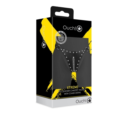 OUCH! Xtreme PU Leather Chastity Thong with Adjustable Chains Black
