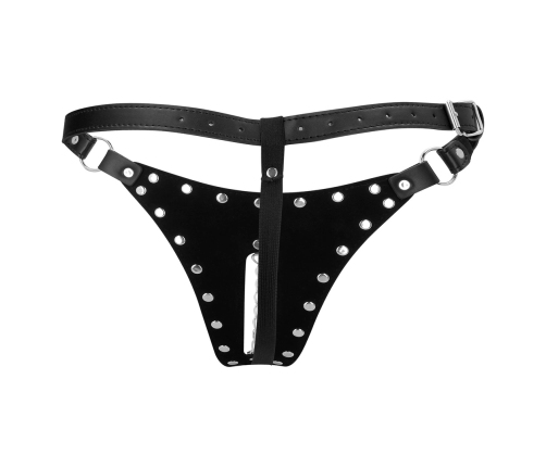 OUCH! Xtreme PU Leather Chastity Thong with Adjustable Chains Black