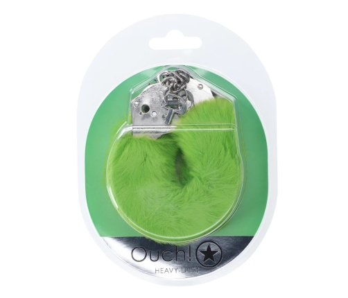 Ouch! Heavy-Duty Fluffy Handcuffs Green - Secure Lock, Soft Lining