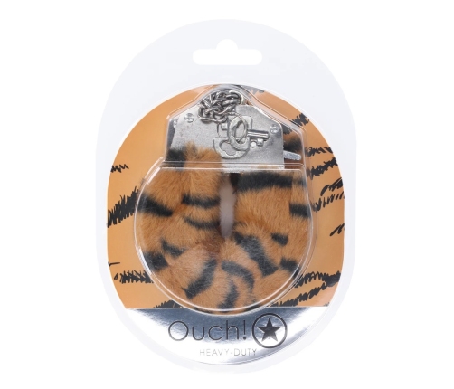 Ouch! Heavy-duty Tiger Fluffy Handcuffs - Secure Lock System, Orange/Black