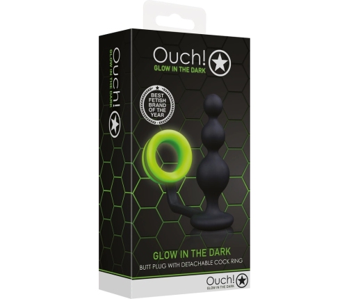 Ouch! Glow-in-the-Dark Beaded Plug & Support Ring - Luminous Green