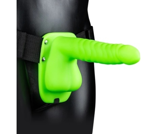 Glow in the Dark Ribbed Hollow Strap-On with Balls - 8 / 21 cm