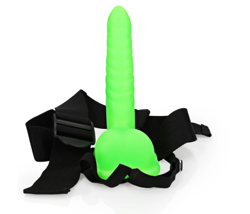 Glow in the Dark Ribbed Hollow Strap-On with Balls - 8 / 21 cm