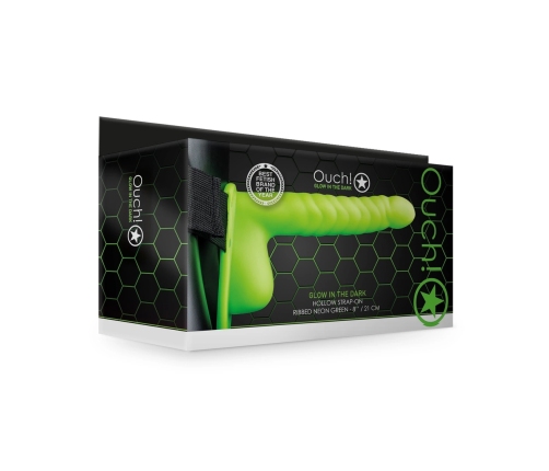 Glow in the Dark Ribbed Hollow Strap-On with Balls - 8 / 21 cm