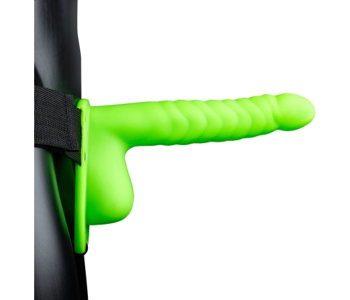 Glow in the Dark Ribbed Hollow Strap-On with Balls - 8 / 21 cm