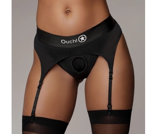 Vibrating Strap-on Thong with Adjustable Garters - M/L - Black