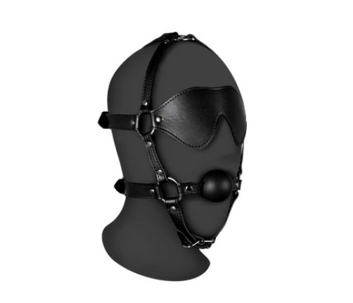 Blindfolded Head Harness with Solid Ball Gag - Black