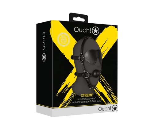 Blindfolded Head Harness with Solid Ball Gag - Black